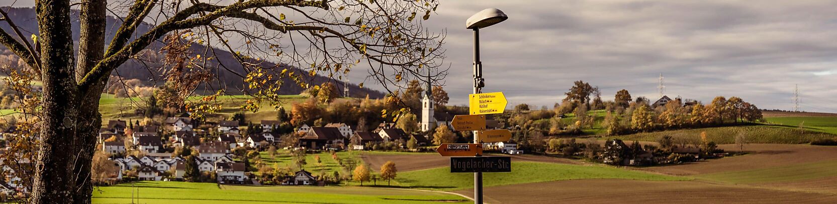 Dorf und Wegweiser Herbst